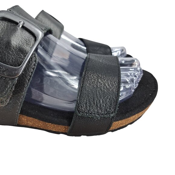 Aetrex Daisy Leather Black Silver Metallic Wedge Sandals Size 36 US 6 Adjustable - Picture 13 of 13